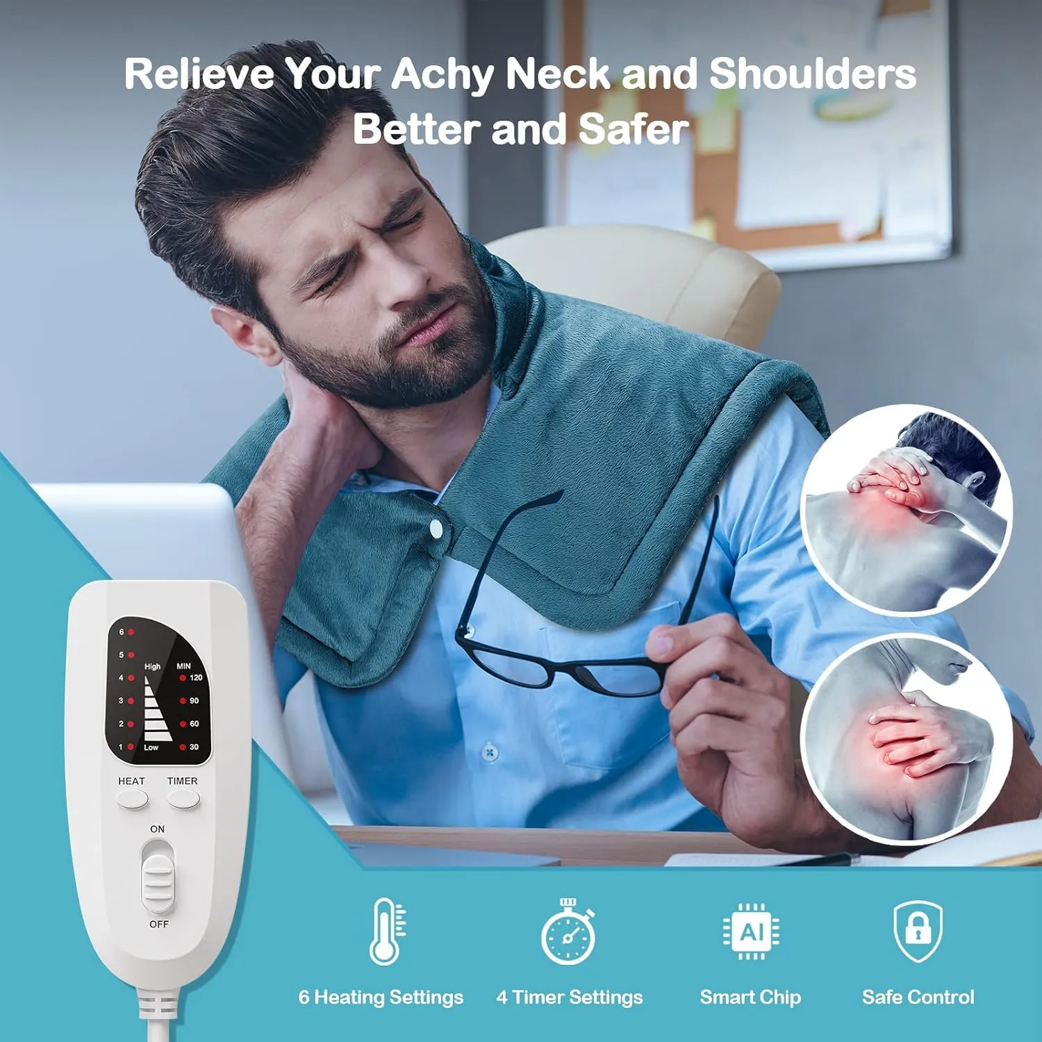 NIUONSIX Heating Pad for Neck and Shoulders, Father's Day Gifts for Dad, Weighted Electric Heat Wrap for Back Pain Relief 6 Heat Settings 4 Timers 2h Auto Off, Birthday Gifts for Women Mom Wife, Blue