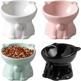 Nsmykhg Ceramic Elevated Cat Bowls, 4Pc Extra Wide Raised Cat Bowls, Shallow Whisker Friendly Food & Water Dish, Anti Vomit, Microwave & Dishwasher Safe, 5 oz, Comfortable Non-Toxic Cat Feeding Bowls