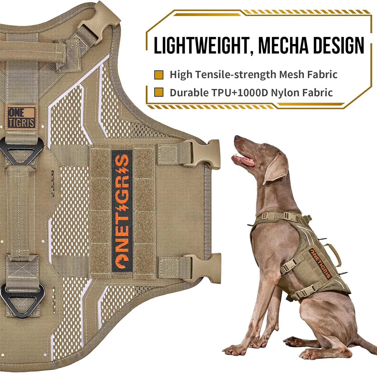 OneTigris Tactical Dog Harness for Large Dogs, Adjustable Tactical Dog Harness with Handles, Reflective Vest Heavy Duty & Breathable Military Assistance Vest with No Pull Buckle, Brown