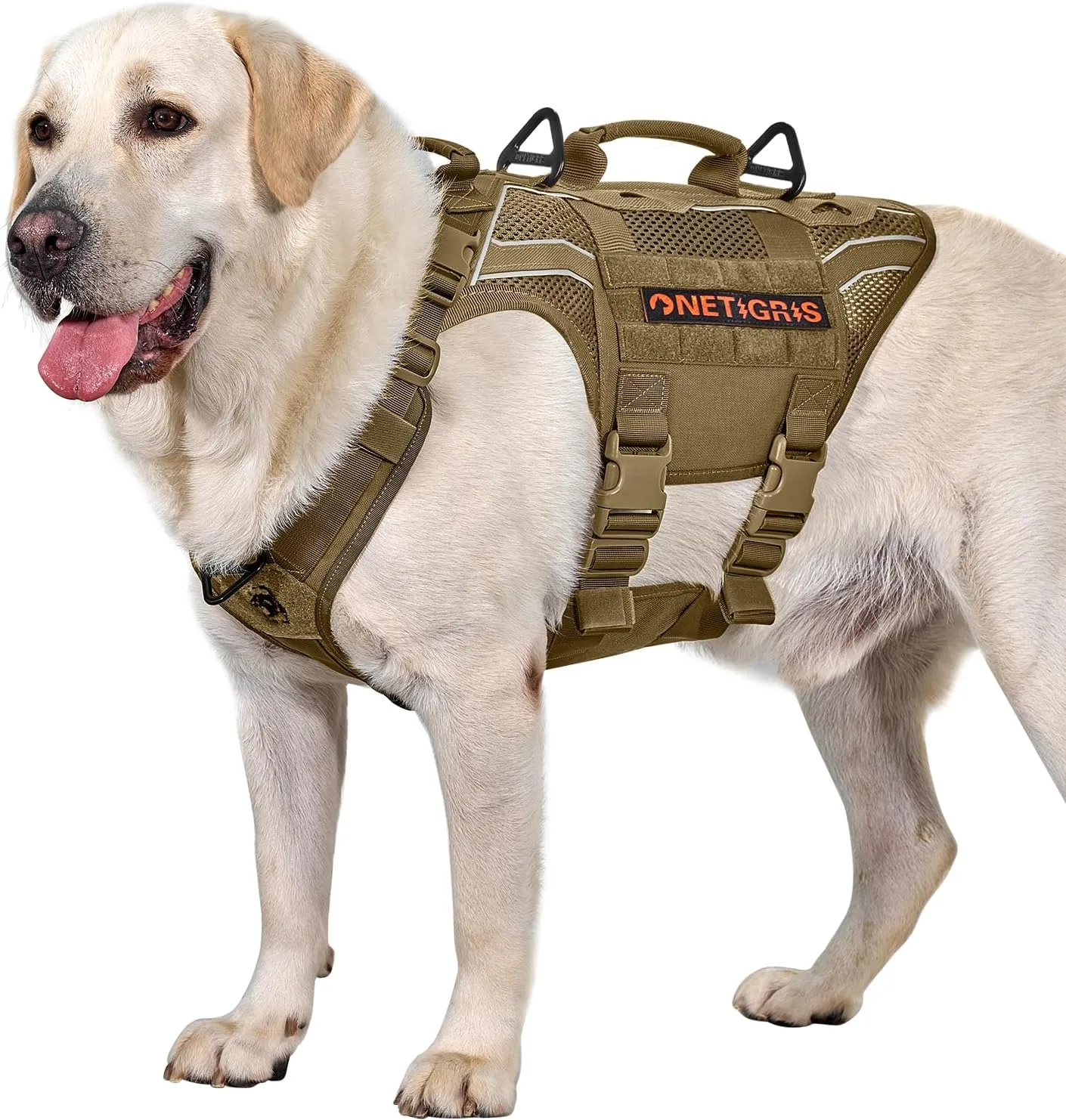 OneTigris Tactical Dog Harness for Large Dogs, Adjustable Tactical Dog Harness with Handles, Reflective Vest Heavy Duty & Breathable Military Assistance Vest with No Pull Buckle, Brown