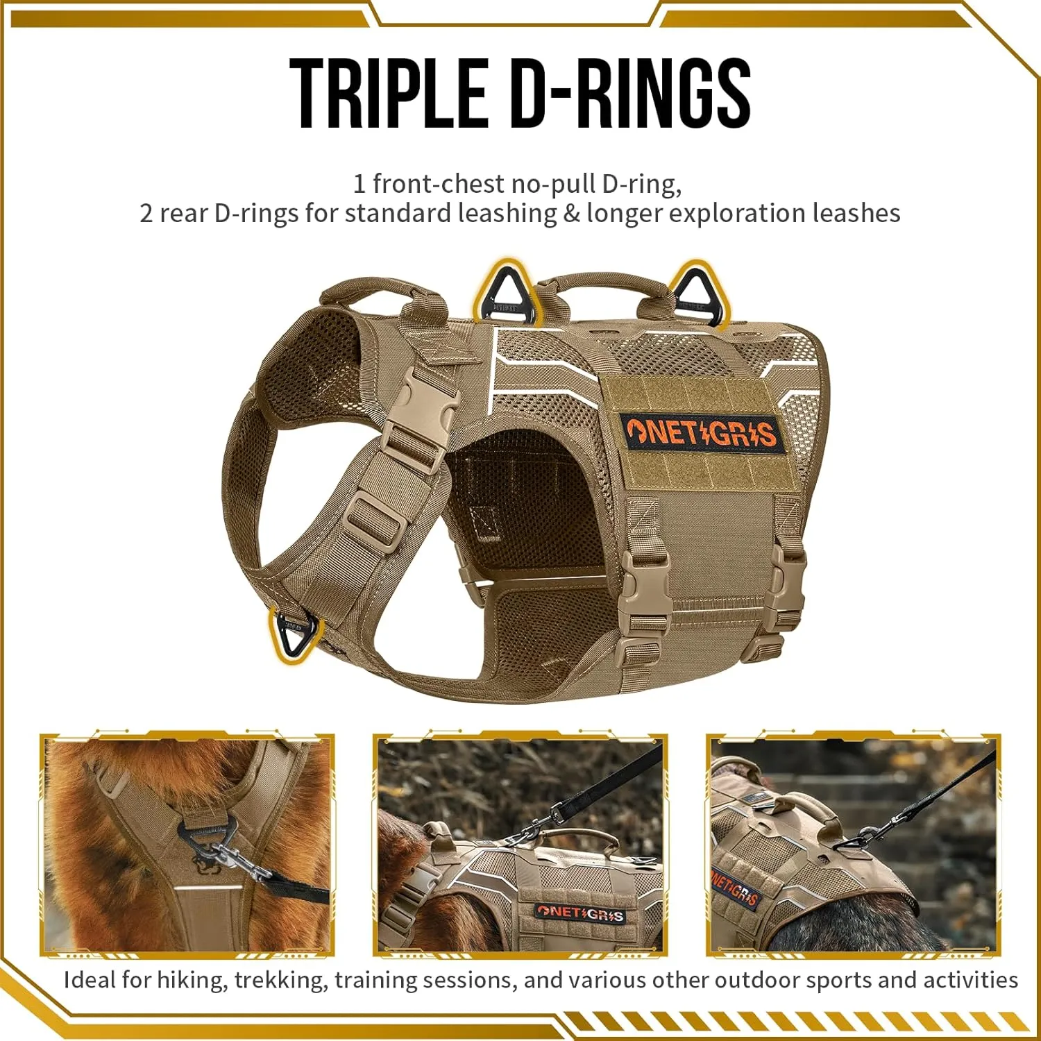 OneTigris Tactical Dog Harness for Large Dogs, Adjustable Tactical Dog Harness with Handles, Reflective Vest Heavy Duty & Breathable Military Assistance Vest with No Pull Buckle, Brown