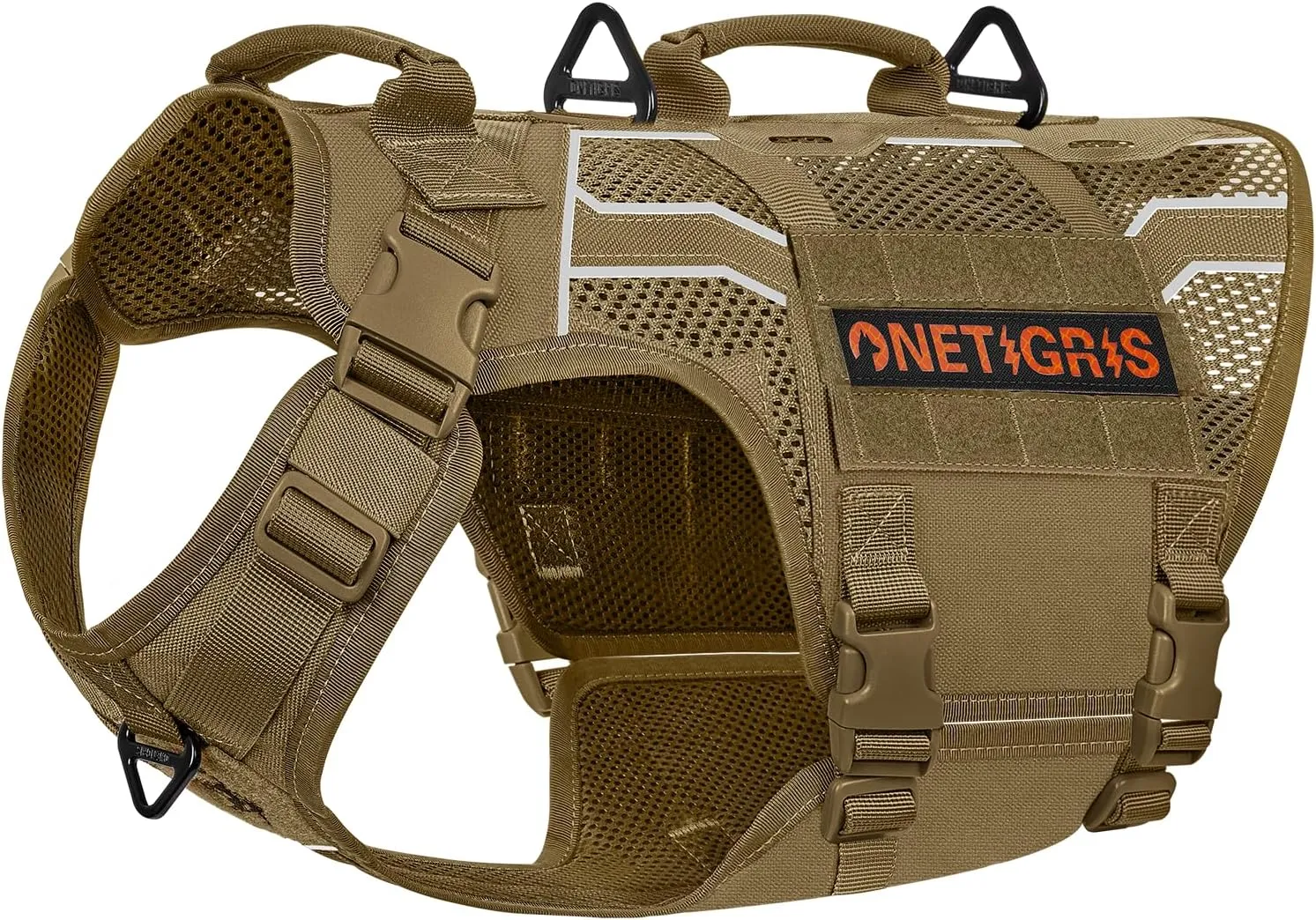 OneTigris Tactical Dog Harness for Large Dogs, Adjustable Tactical Dog Harness with Handles, Reflective Vest Heavy Duty & Breathable Military Assistance Vest with No Pull Buckle, Brown