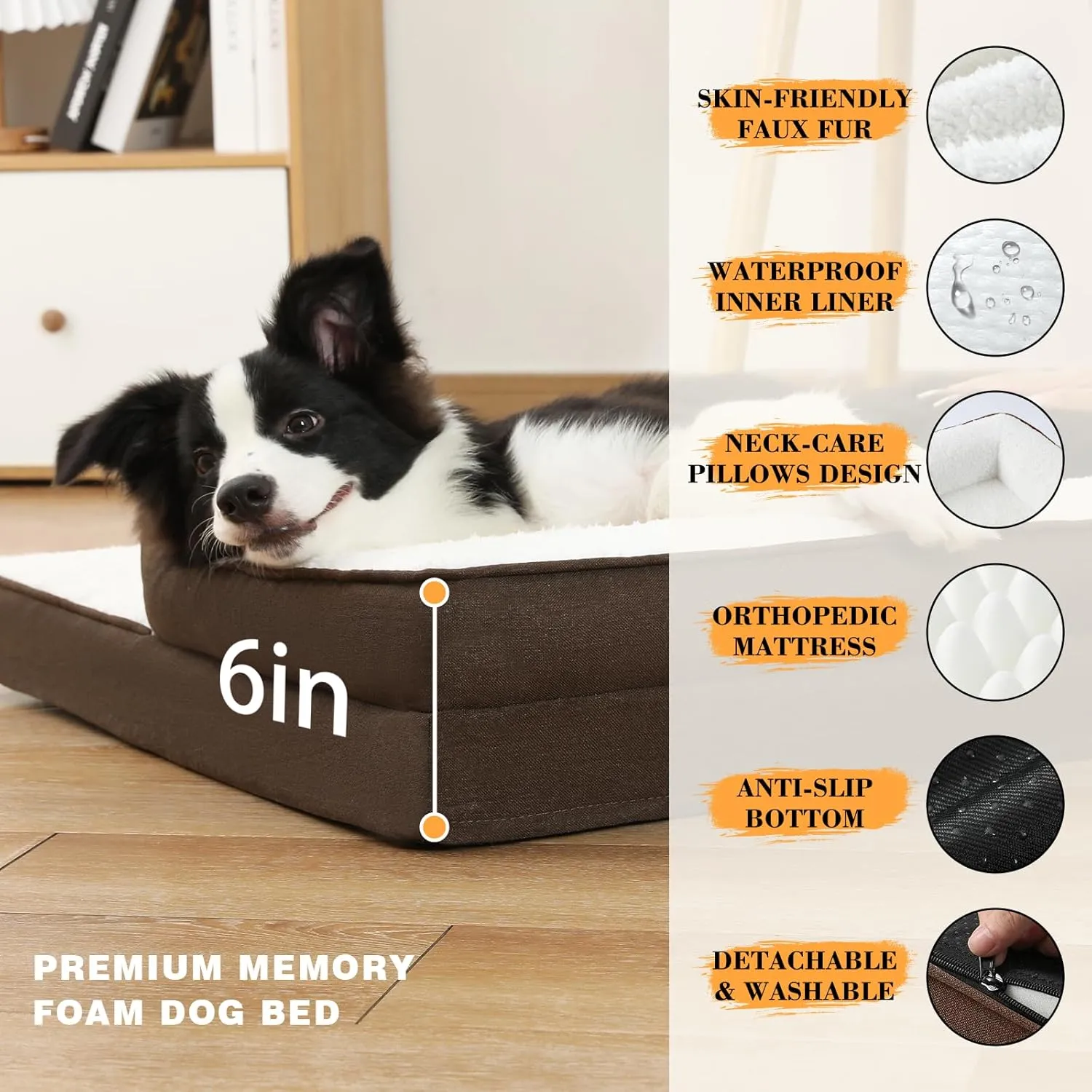 Orthopedic Dog Bed for Extra Large Dogs, Waterproof Memory Foam Dog Bolster Couch Beds, Washable Plush Faux Fur Dog Sofa Bed with Removable Cover & Anti-Slip Bottom, Darkbrown