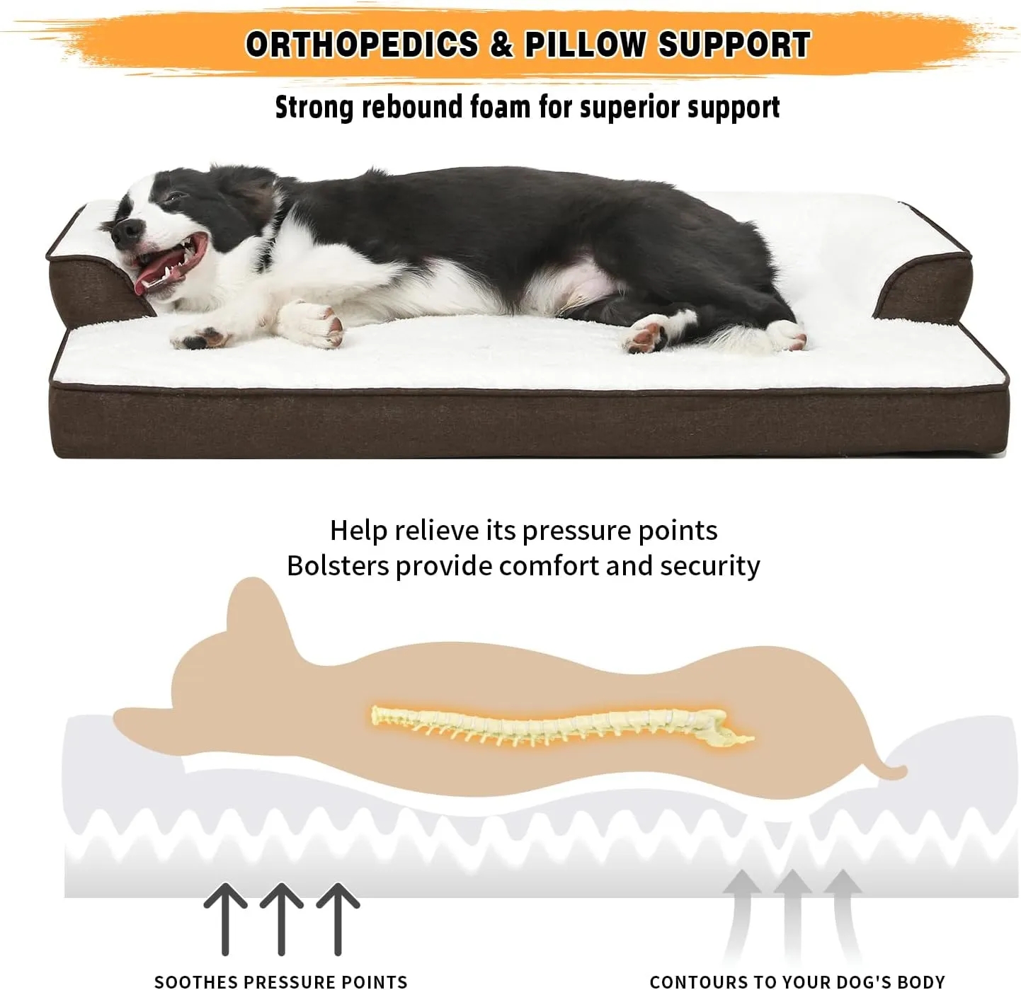 Orthopedic Dog Bed for Extra Large Dogs, Waterproof Memory Foam Dog Bolster Couch Beds, Washable Plush Faux Fur Dog Sofa Bed with Removable Cover & Anti-Slip Bottom, Darkbrown