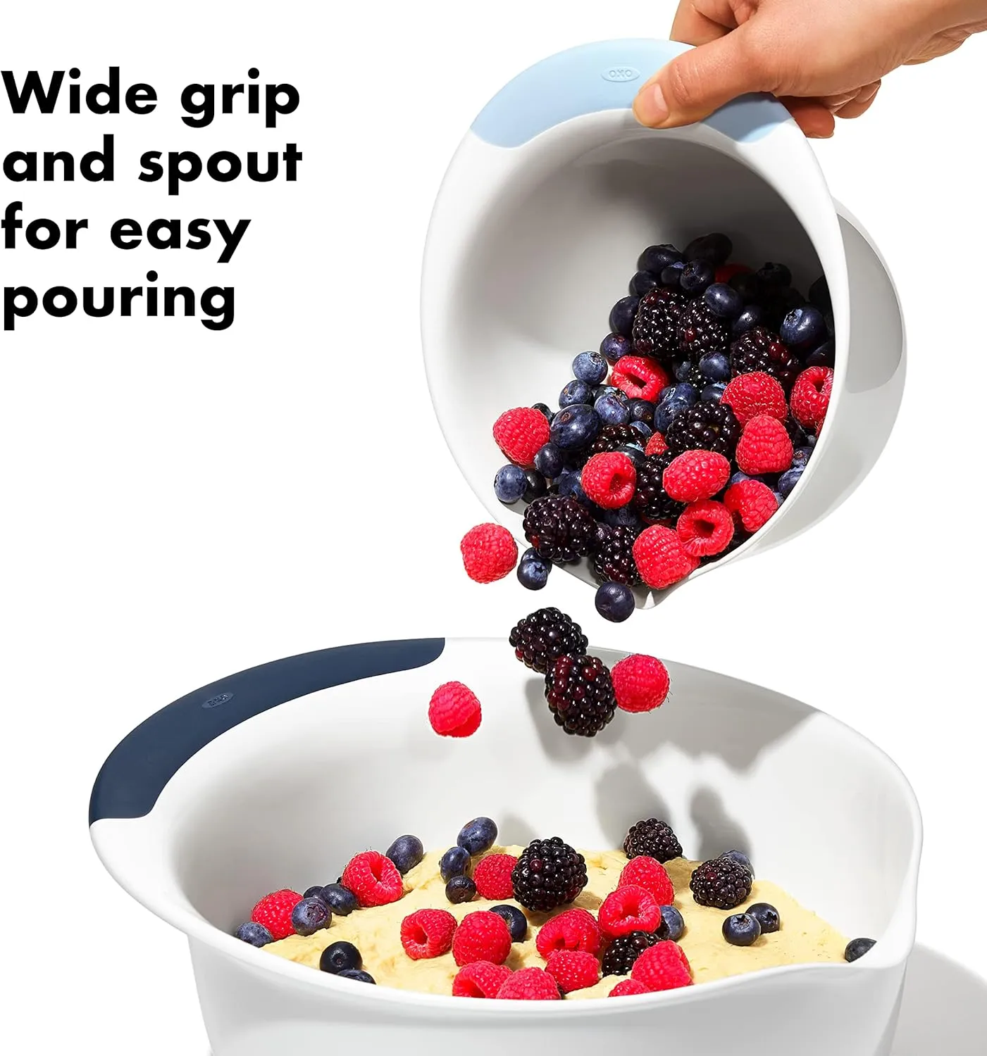 OXO,plastic Good Grips 3-Piece Mixing Bowl Set  Blueberry, Jam & Seltzer Handles,4.7 LITERS, Large