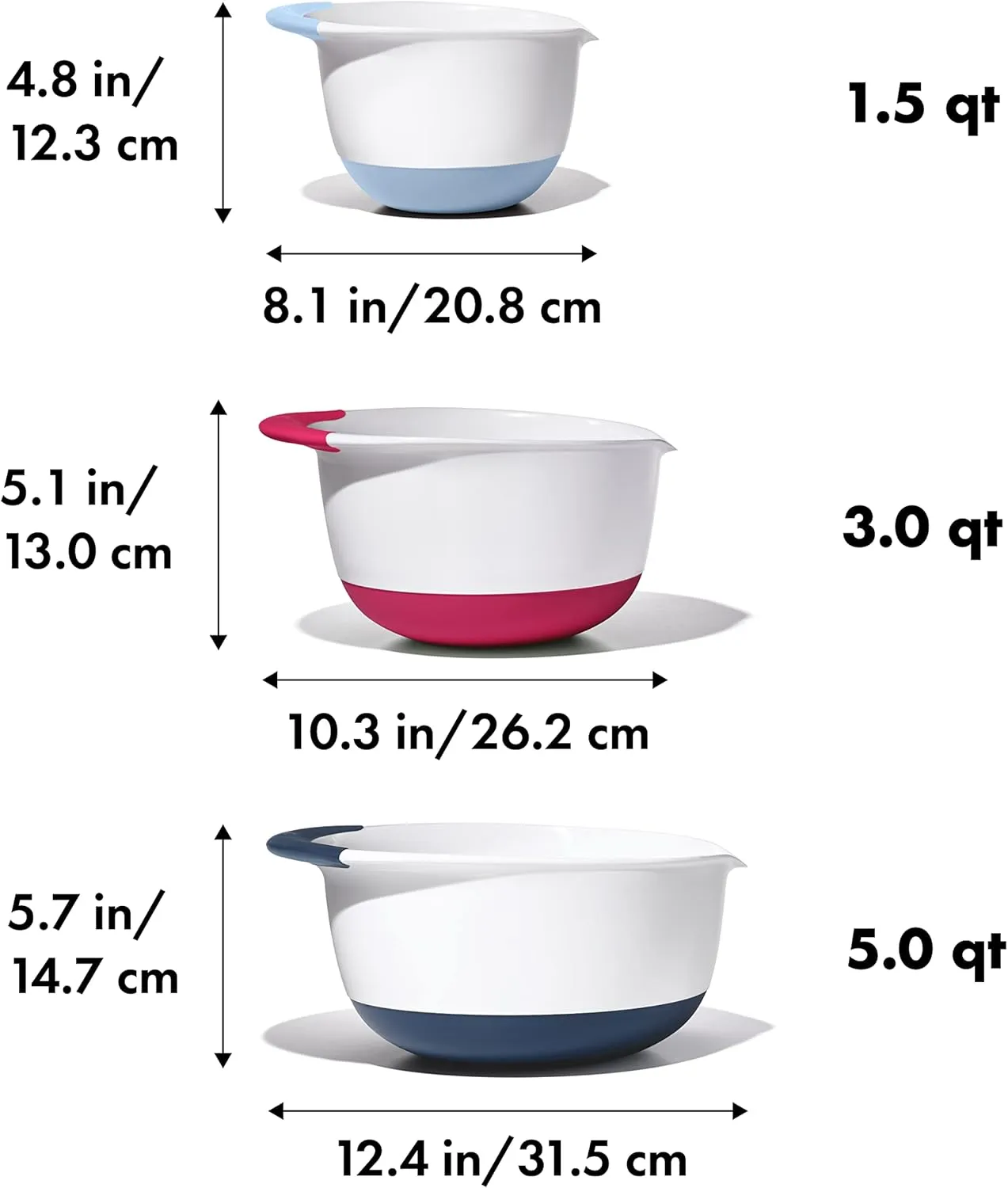 OXO,plastic Good Grips 3-Piece Mixing Bowl Set  Blueberry, Jam & Seltzer Handles,4.7 LITERS, Large