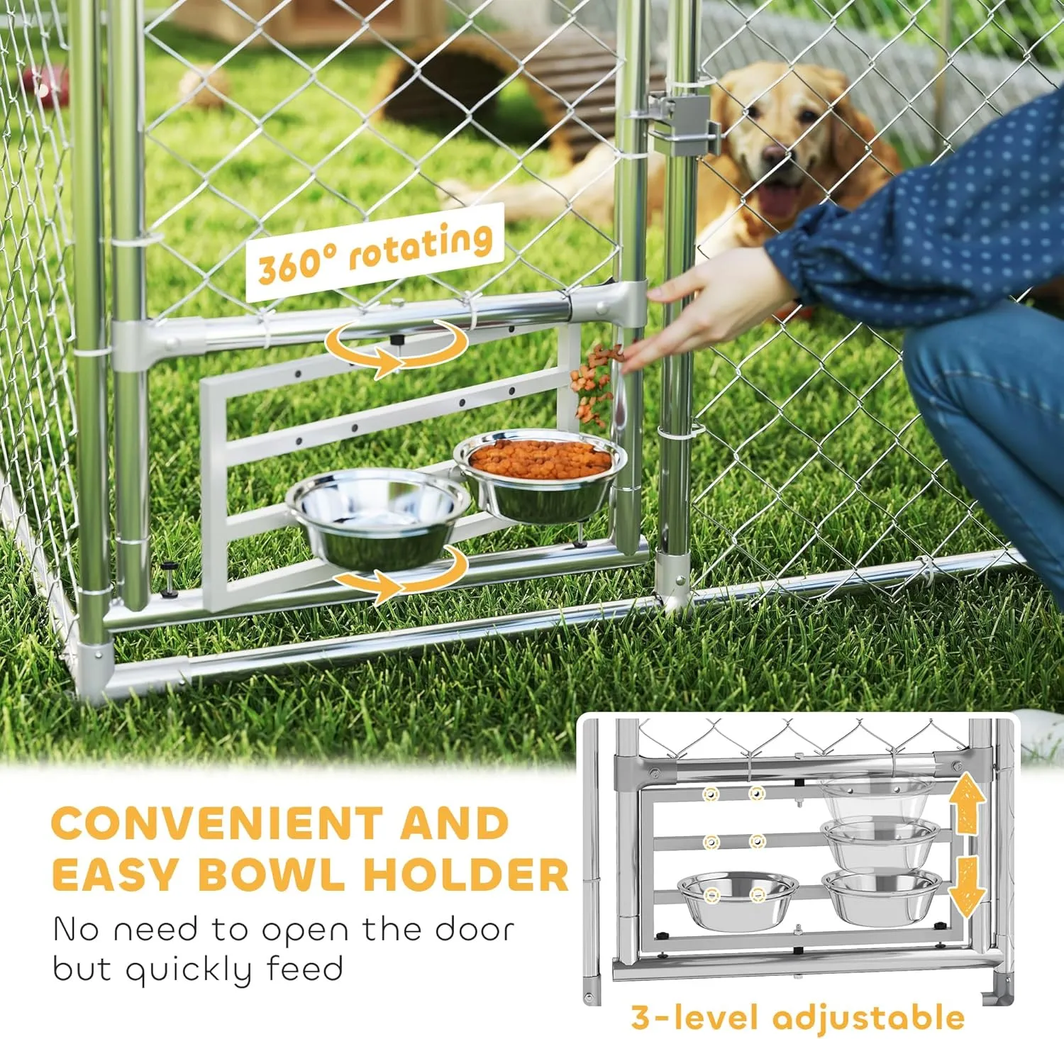 PawHut Outdoor Dog Kennel, 19.7' x 7.5' x 7.5', Heavy Duty Large Dog Kennel Outside with Adjustable & Rotatable Bowl Rack, Waterproof Roof, Galvanized Chain Link Dog Enclosure with Secure Lock