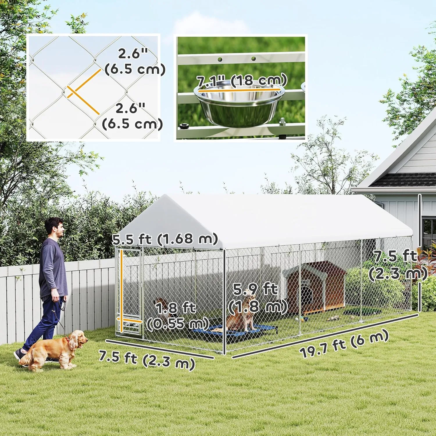 PawHut Outdoor Dog Kennel, 19.7' x 7.5' x 7.5', Heavy Duty Large Dog Kennel Outside with Adjustable & Rotatable Bowl Rack, Waterproof Roof, Galvanized Chain Link Dog Enclosure with Secure Lock
