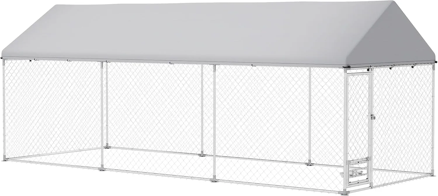 PawHut Outdoor Dog Kennel, 19.7' x 7.5' x 7.5', Heavy Duty Large Dog Kennel Outside with Adjustable & Rotatable Bowl Rack, Waterproof Roof, Galvanized Chain Link Dog Enclosure with Secure Lock