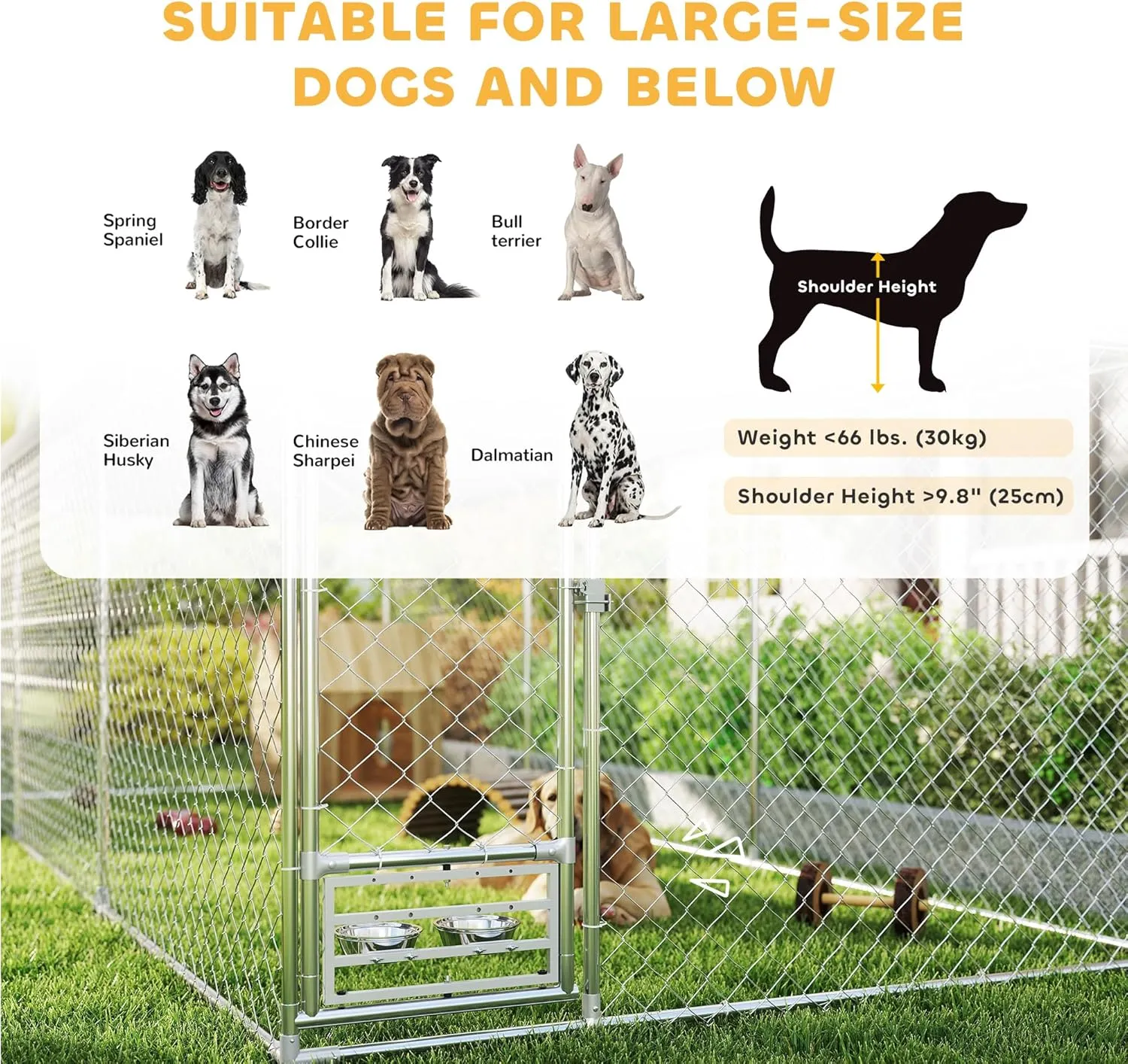 PawHut Outdoor Dog Kennel, 19.7' x 7.5' x 7.5', Heavy Duty Large Dog Kennel Outside with Adjustable & Rotatable Bowl Rack, Waterproof Roof, Galvanized Chain Link Dog Enclosure with Secure Lock