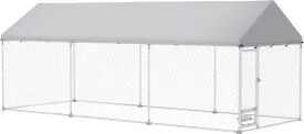 PawHut Outdoor Dog Kennel, 19.7' x 7.5' x 7.5', Heavy Duty Large Dog Kennel Outside with Adjustable & Rotatable Bowl Rack, Waterproof Roof, Galvanized Chain Link Dog Enclosure with Secure Lock