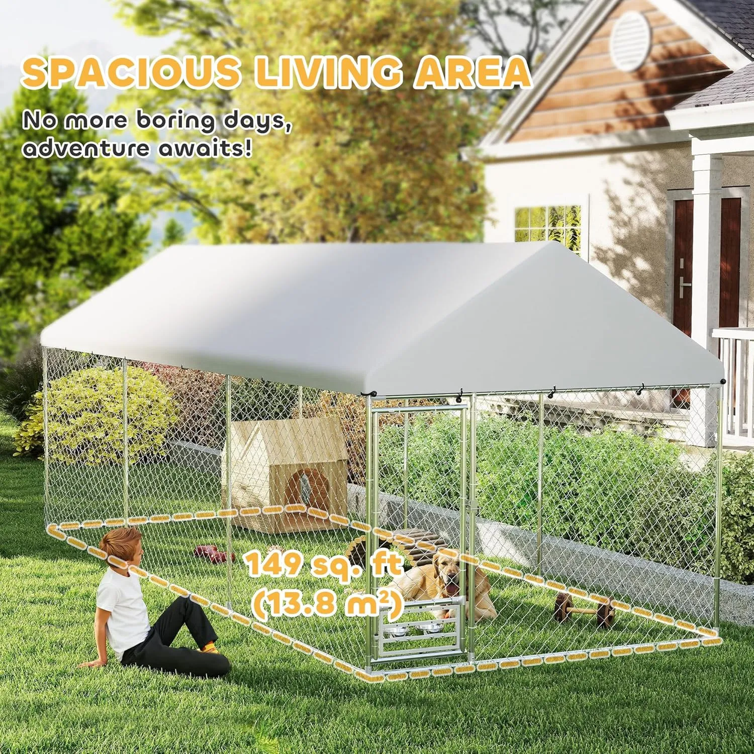 PawHut Outdoor Dog Kennel, 19.7' x 7.5' x 7.5', Heavy Duty Large Dog Kennel Outside with Adjustable & Rotatable Bowl Rack, Waterproof Roof, Galvanized Chain Link Dog Enclosure with Secure Lock