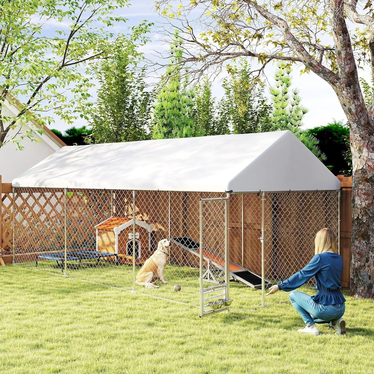 PawHut Outdoor Dog Kennel, 19.7' x 7.5' x 7.5', Heavy Duty Large Dog Kennel Outside with Adjustable & Rotatable Bowl Rack, Waterproof Roof, Galvanized Chain Link Dog Enclosure with Secure Lock