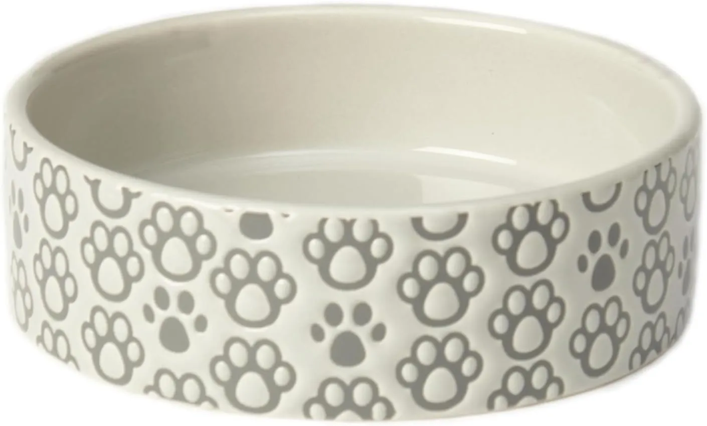 PetRageous 18428 Paws Shallow Round Stoneware Dog Bowl 5-Inch Width and 1.5-Inch Height 1.5-Cups Capacity, Grey