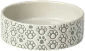 PetRageous 18428 Paws Shallow Round Stoneware Dog Bowl 5-Inch Width and 1.5-Inch Height 1.5-Cups Capacity, Grey