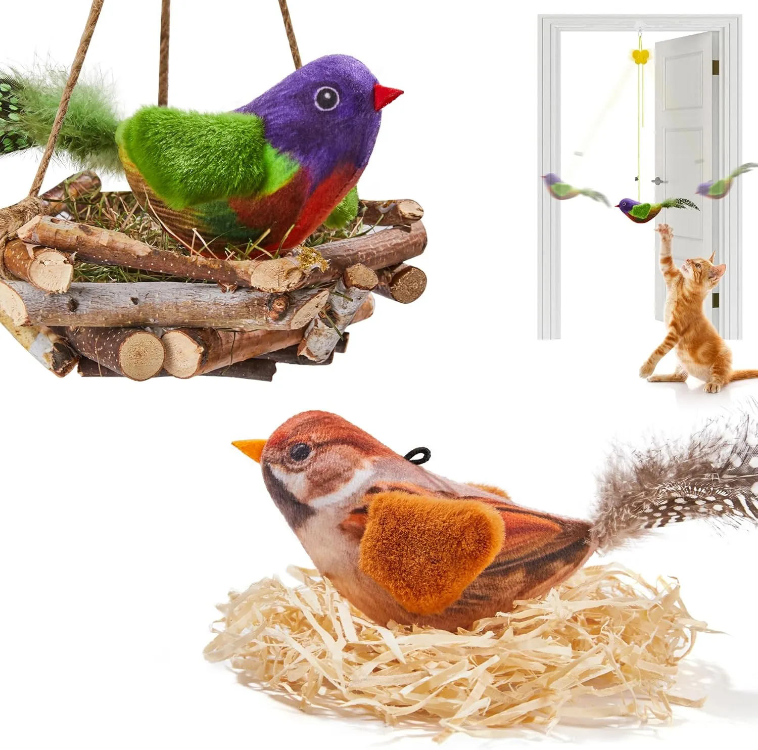 Potaroma Chirping Bird Cat Toys Pack of 2 Catnip SilverVine, Interactive Lifelike Tweets, Kitty Kitten Indoor Cat Kicker Exercise 3.5 Inches