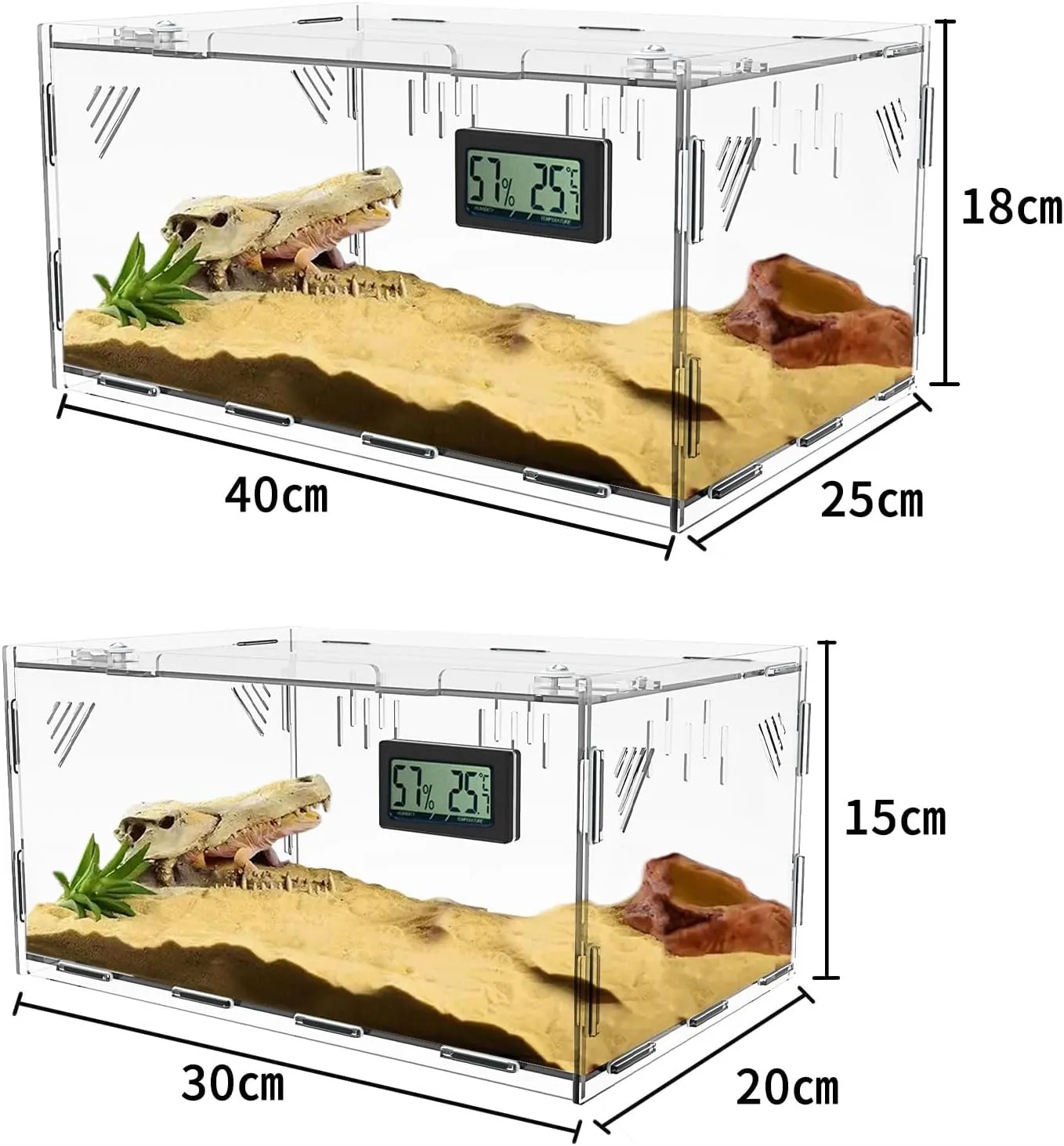 Reptile Terrariums, with Temperature Hygrometer, 15.7"x9.9"x7.1"Acrylic Reptile Breeding Box Terrarium Cage Tank for Small Reptile Insect Home Office