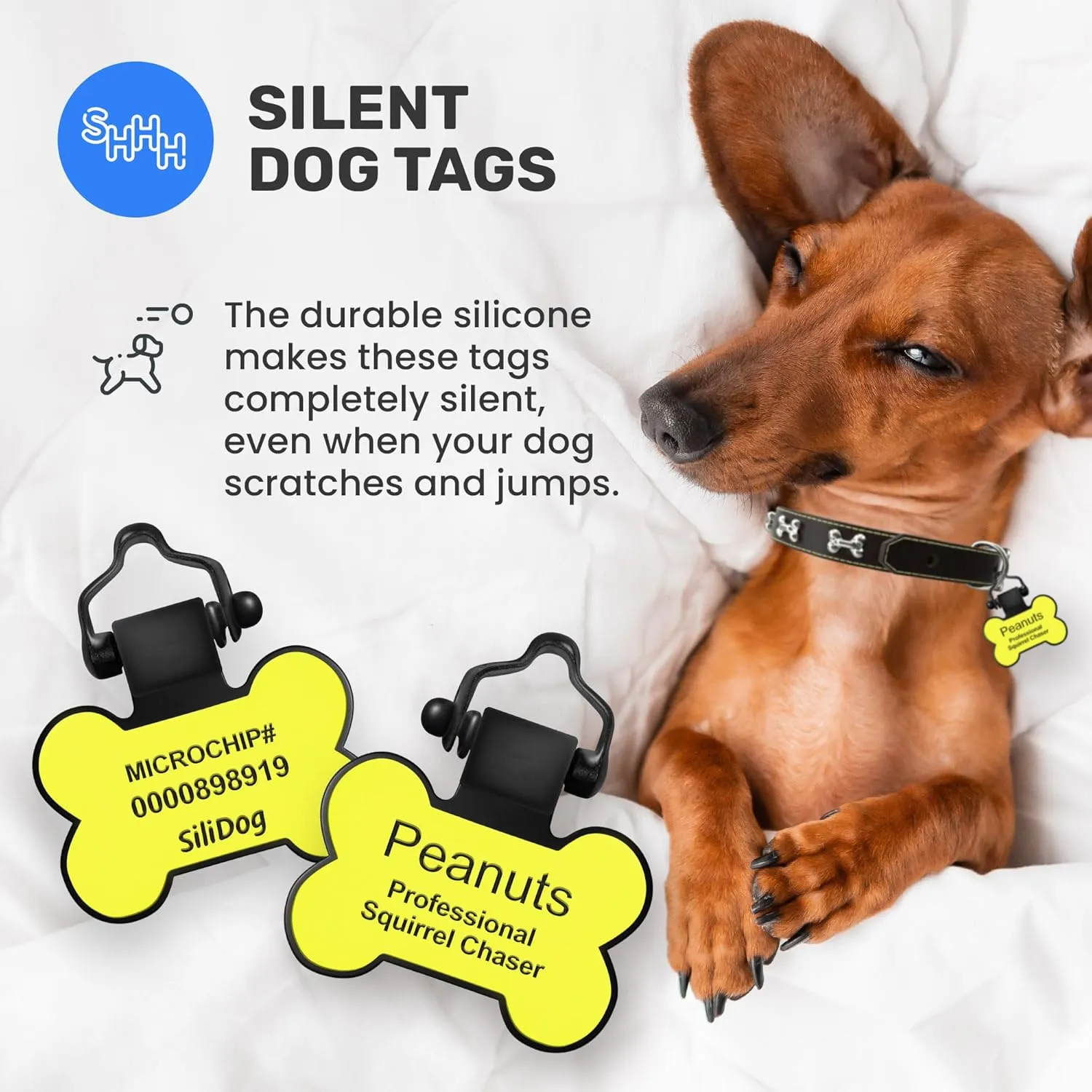 SiliDog - The Original Silicone Silent Dog Tag - Personalized Engraved Soundless Pet ID - As Seen On Shark Tank - Durable - Never Fades - Bone - Yellow