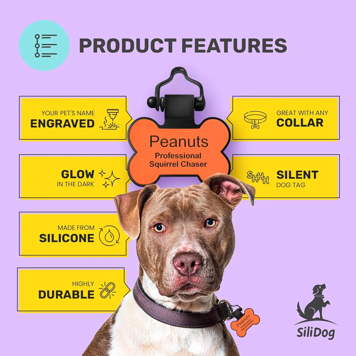 SiliDog - The Original Silicone Silent Dog Tag - Personalized Engraved Soundless Pet ID - As Seen On Shark Tank - Durable - Never Fades - Bone - Yellow