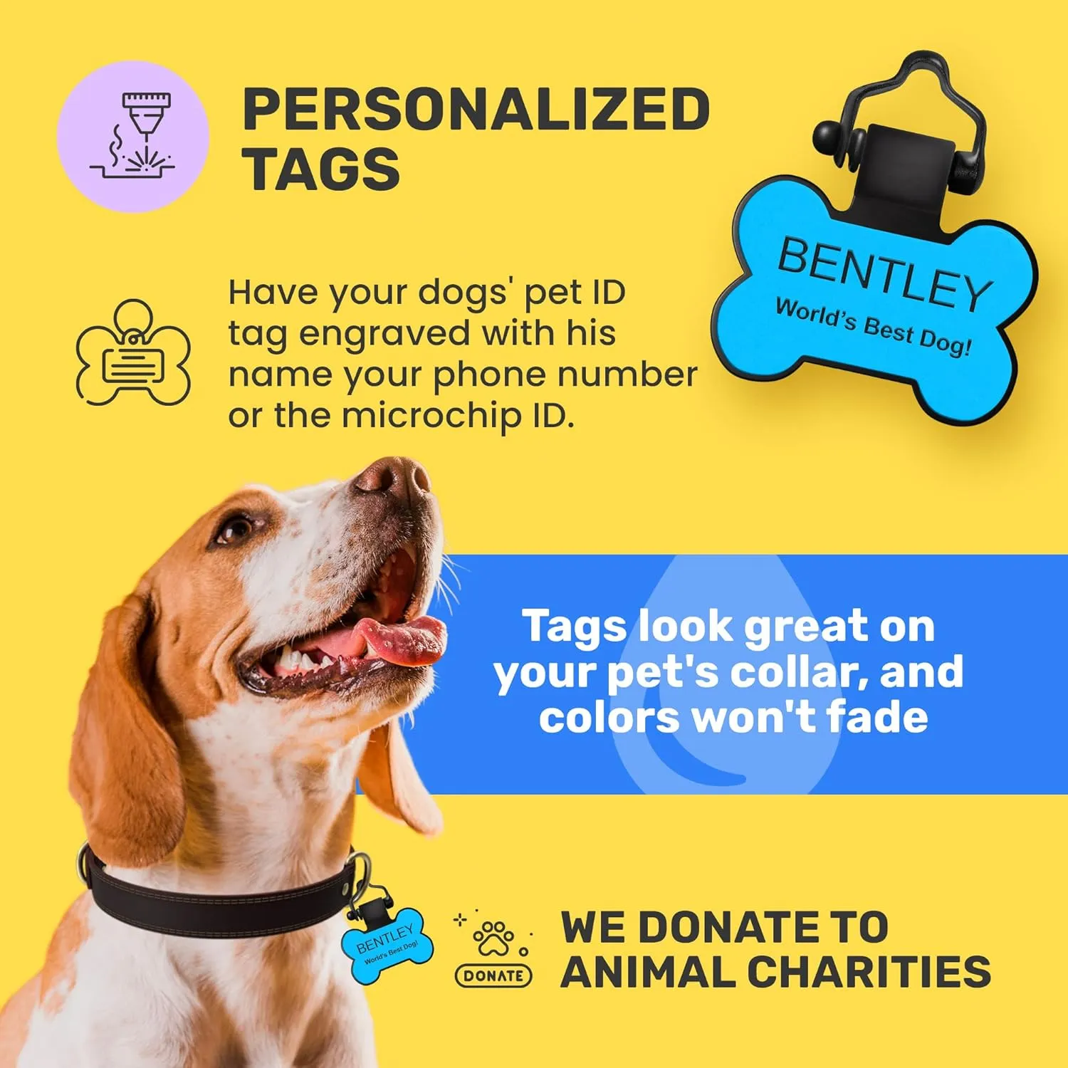SiliDog - The Original Silicone Silent Dog Tag - Personalized Engraved Soundless Pet ID - As Seen On Shark Tank - Durable - Never Fades - Bone - Yellow