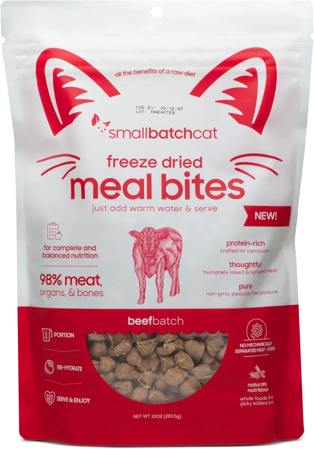 smallbatch Pets Cat Freeze Dried Meal Bites, Premium Raw Cat Food, Beef Recipe, 10 oz, Humanely Sourced Meat and Made in The USA