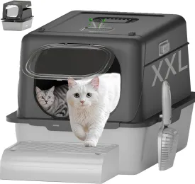 Stainless Steel Cat Litter Box with Lid, XX-Large Extra Large Litter Box for Big Cats, Enclosed Removable Metal Cat Box with High Sided Enclosure,Magnetic Door,40L Box, Litter Trap Step/Mat
