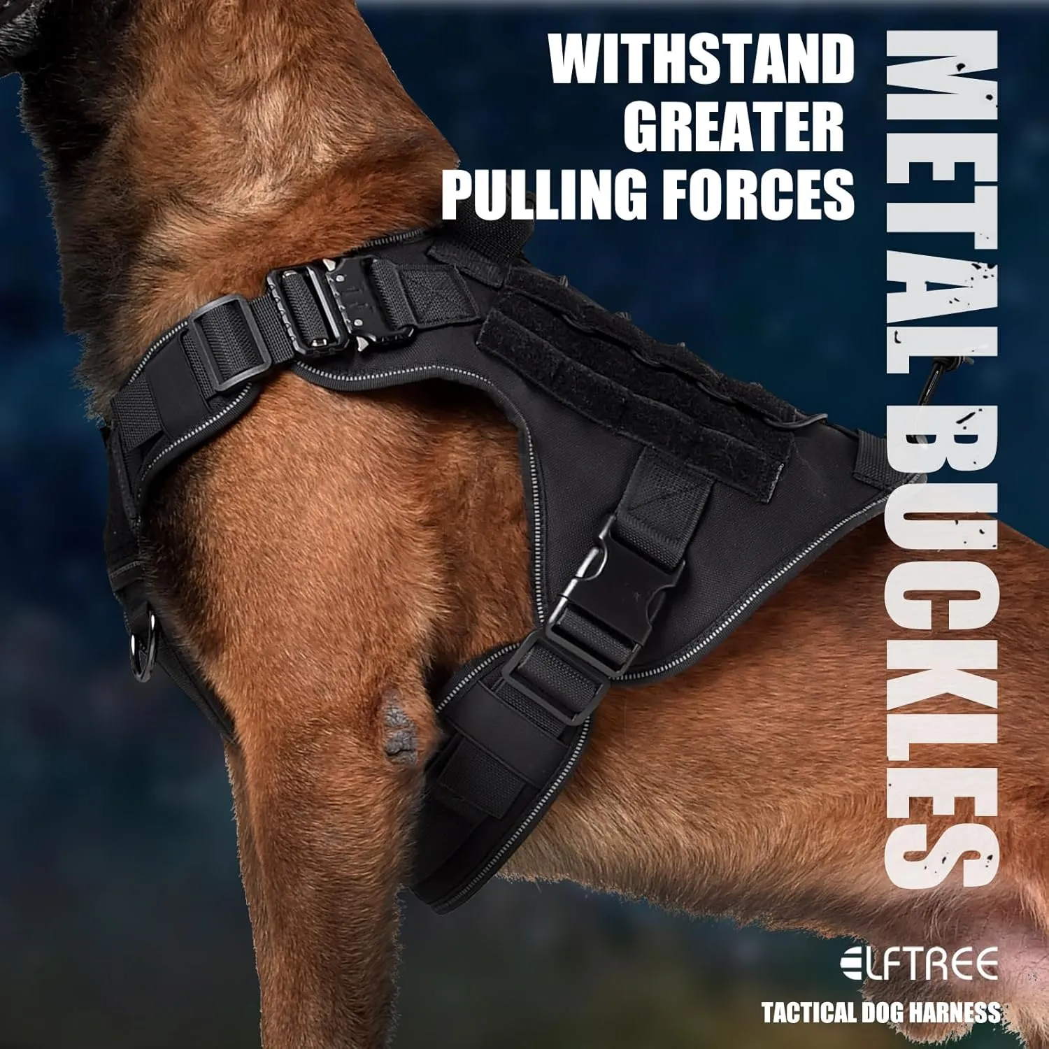 Tactical Dog Harness, 2X Metal Buckle, Military Reflective Dog Harness with Hidden Airtag Holder and Handle, Adjustable No-Pull Service Dog Vest with Molle & Loop Panels
