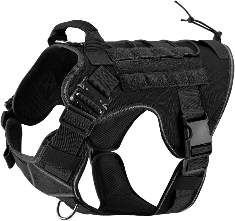 Tactical Dog Harness, 2X Metal Buckle, Military Reflective Dog Harness with Hidden Airtag Holder and Handle, Adjustable No-Pull Service Dog Vest with Molle & Loop Panels