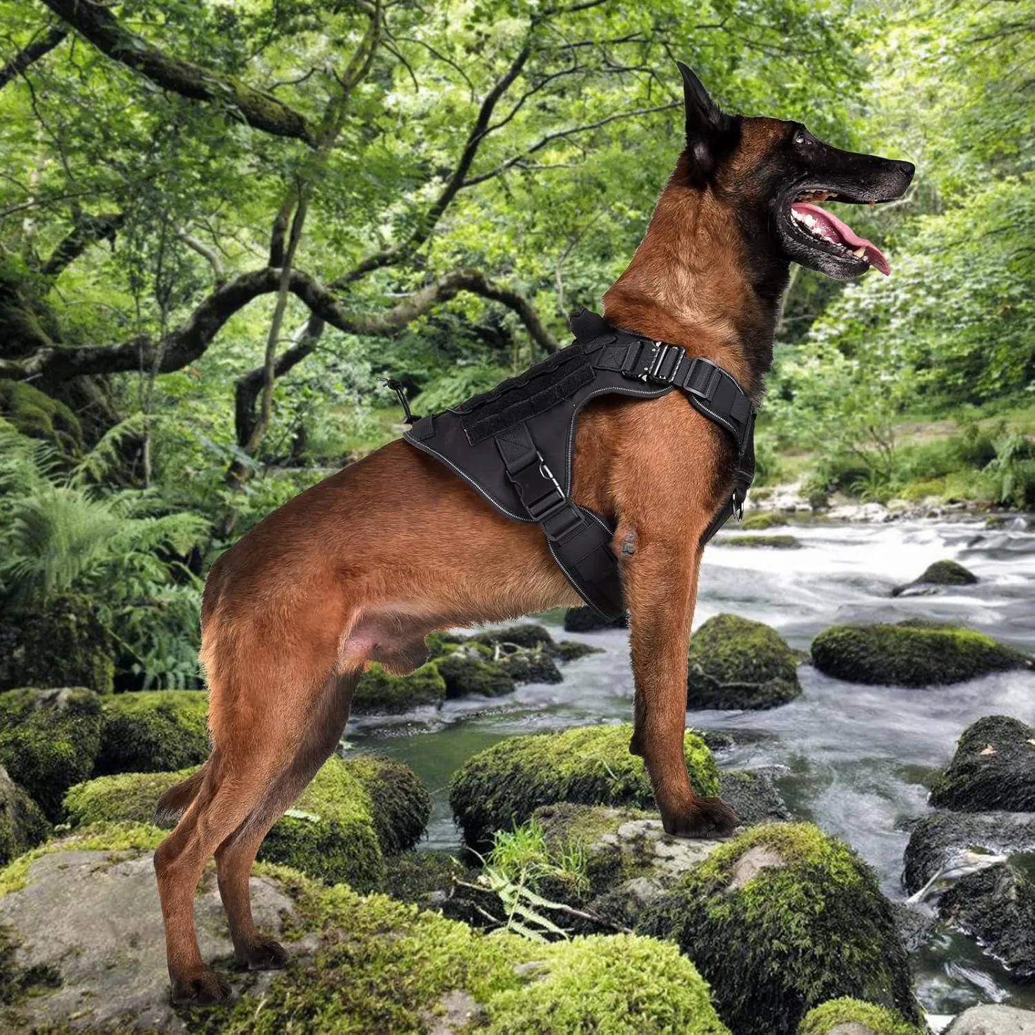Tactical Dog Harness, 2X Metal Buckle, Military Reflective Dog Harness with Hidden Airtag Holder and Handle, Adjustable No-Pull Service Dog Vest with Molle & Loop Panels