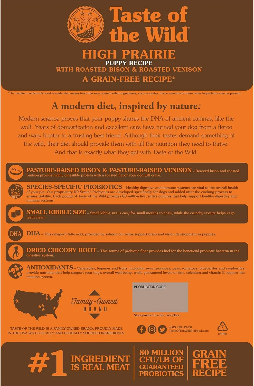 Taste of the Wild High Prairie Grain-Free Dry Dog Food with Roasted Bison and Venison for Puppies 28lb