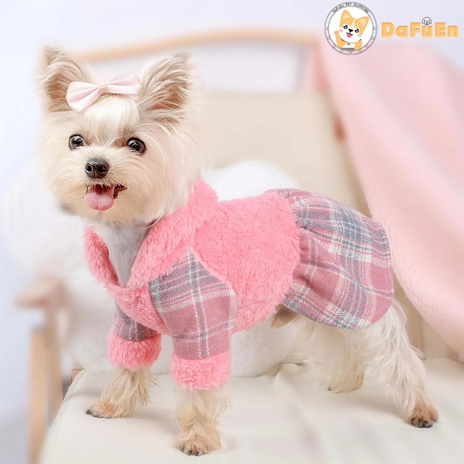 Teacup Dog Clothes Girl Pet Dresses for Small Dogs Winter Puppy Dress Sweater Fleece Warm Puppy Hoodie Sweatshirt Plaid Pet Outfit for Chihuahua Yorkie Shih Tzu Teacup Cat Clothing (X-Small, Pink)