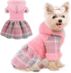 Teacup Dog Clothes Girl Pet Dresses for Small Dogs Winter Puppy Dress Sweater Fleece Warm Puppy Hoodie Sweatshirt Plaid Pet Outfit for Chihuahua Yorkie Shih Tzu Teacup Cat Clothing (X-Small, Pink)