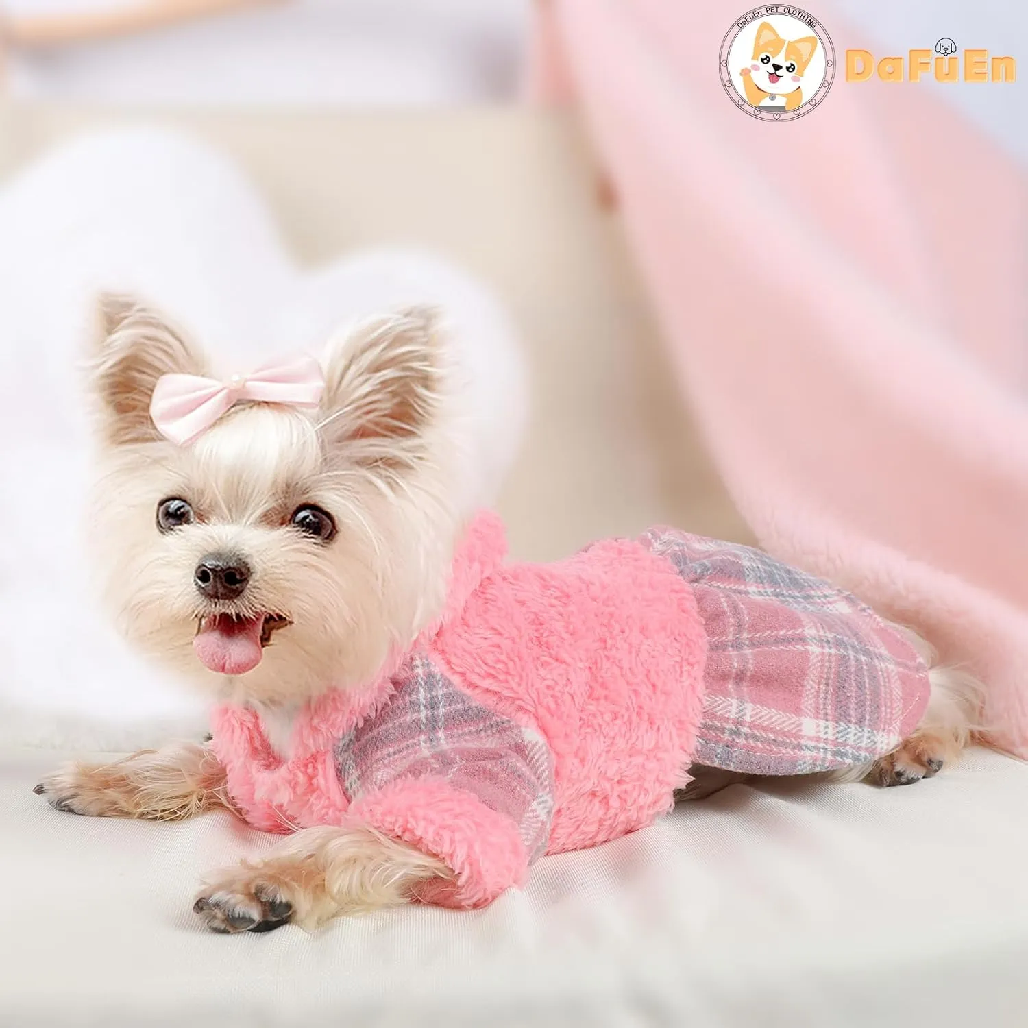 Teacup Dog Clothes Girl Pet Dresses for Small Dogs Winter Puppy Dress Sweater Fleece Warm Puppy Hoodie Sweatshirt Plaid Pet Outfit for Chihuahua Yorkie Shih Tzu Teacup Cat Clothing (X-Small, Pink)