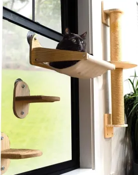 Window/Wall Mount Cat Wall Shelves by Pet Savvy  Cat Hammock (Oatmeal), Scratching Post with Landing, Two Steps  Natural Pine, Jute Rope, Sized for Cats up to 25lbs  4 pc Set