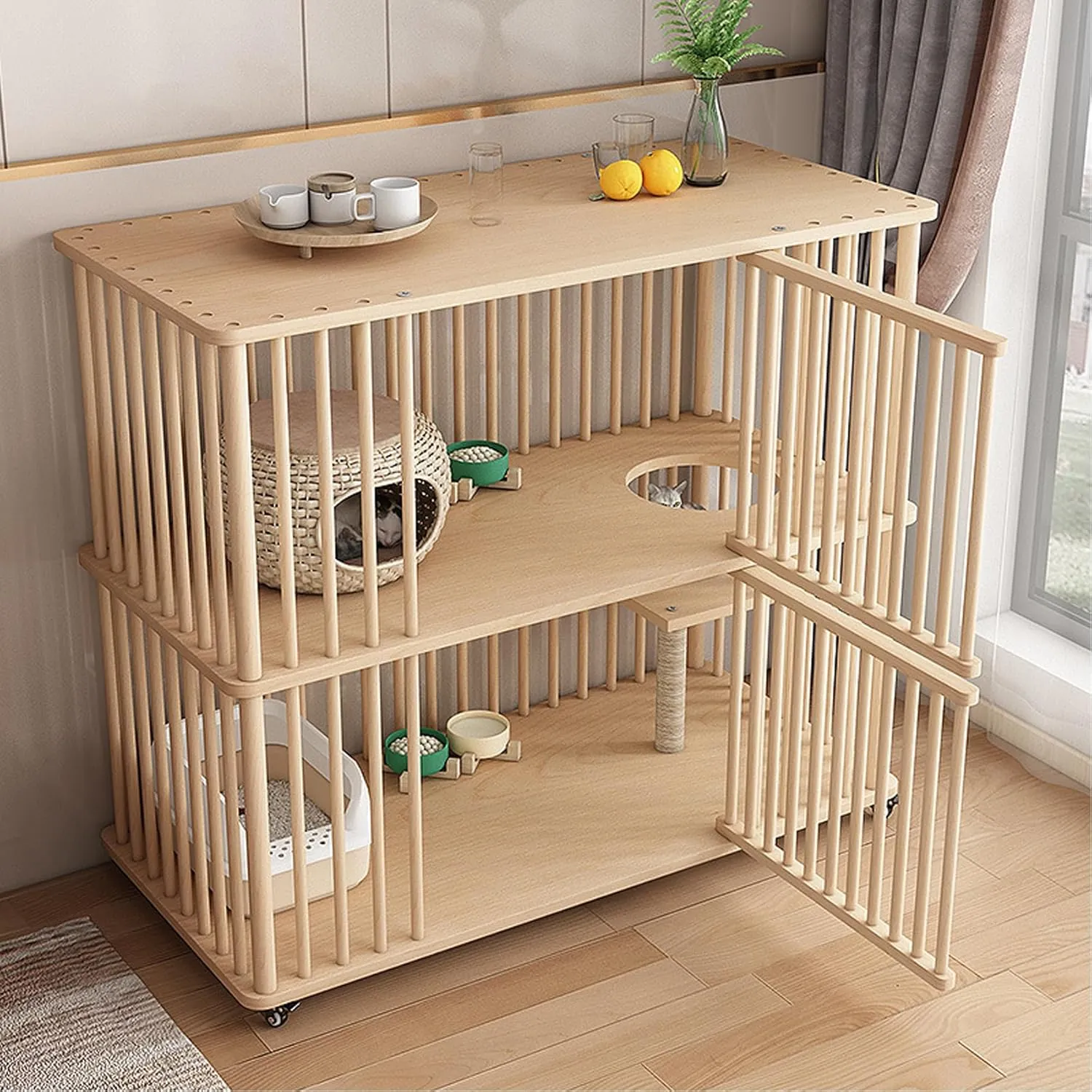 Wooden Cat House with Scratching Post and Wheels - Multi-Feature Large Cat Condo for Indoor Use with 360 Ventilation, Breathable and Comfortable Design
